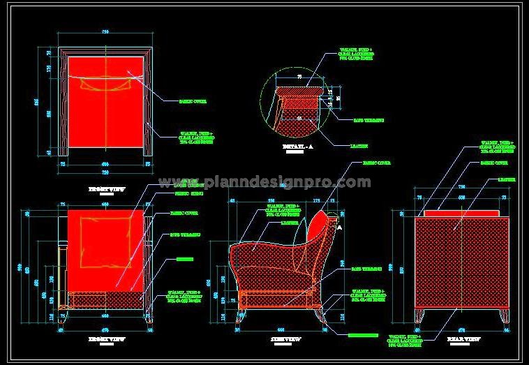 Stylish Lounge Chair CAD- Wooden Legs and Upholstery Detail